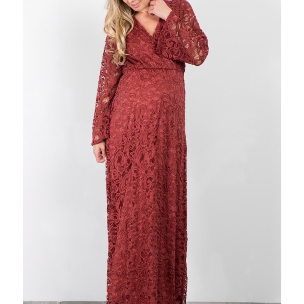 Pink Blush rust red lace overlay maxi dress